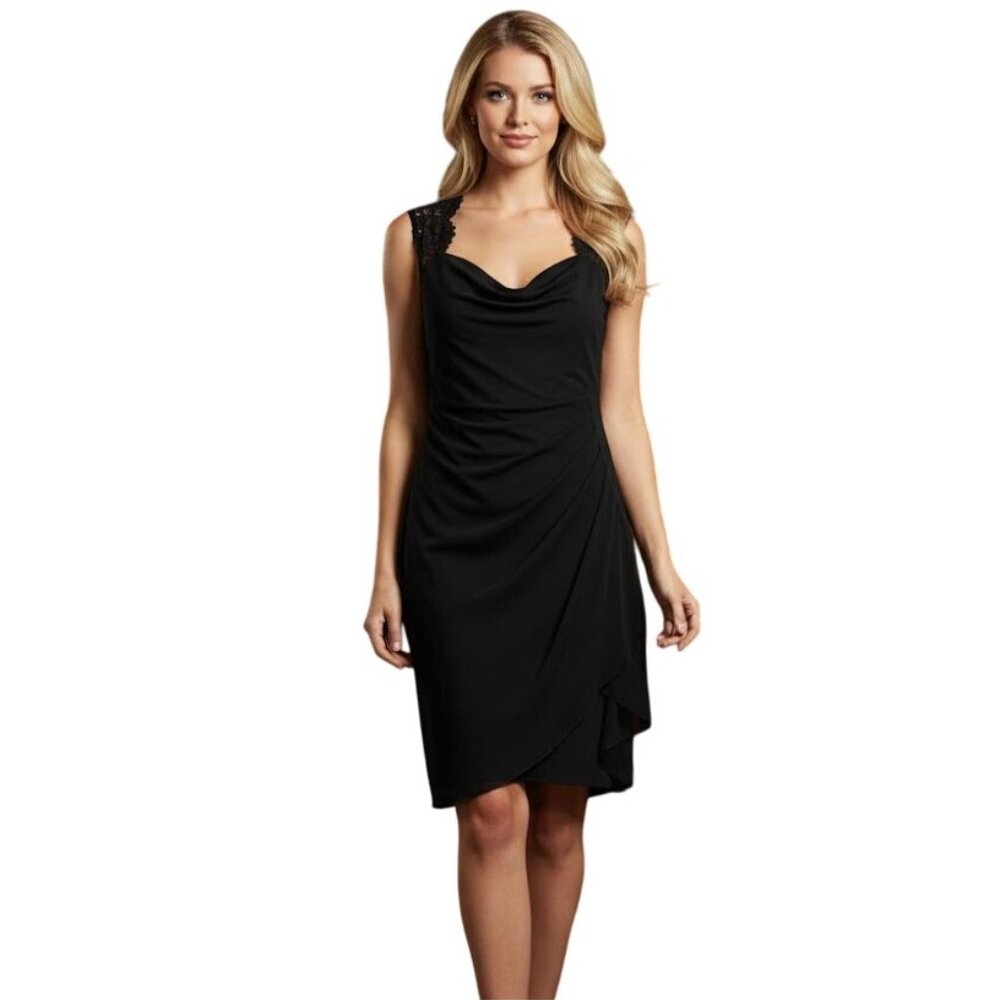 Xscape Black Size 2 Ruched Lace Drape Cut Out Cocktail Dress WhimsyGoth